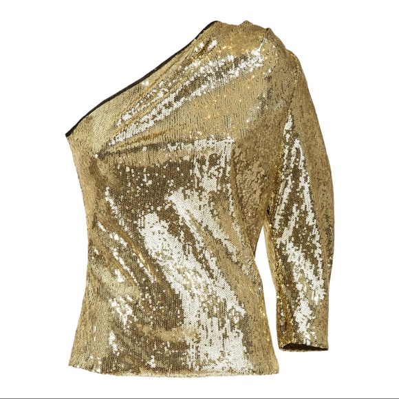 Space Simona Corsellini One-Shoulder Sequined Gold Top Size 40 or Small US - Picture 6 of 10